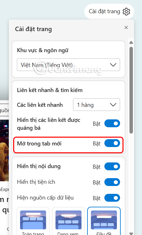 Chỉnh giao diện tab mới MSN trên Edge