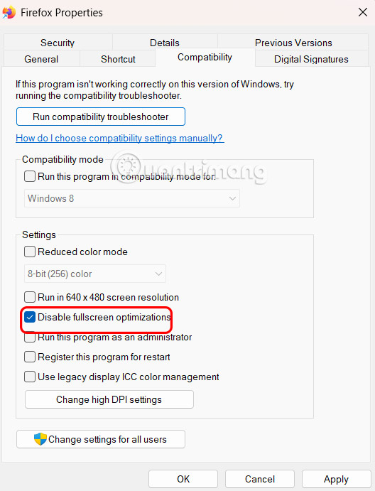 Tắt tối ưu hóa toàn màn hình trên Firefox