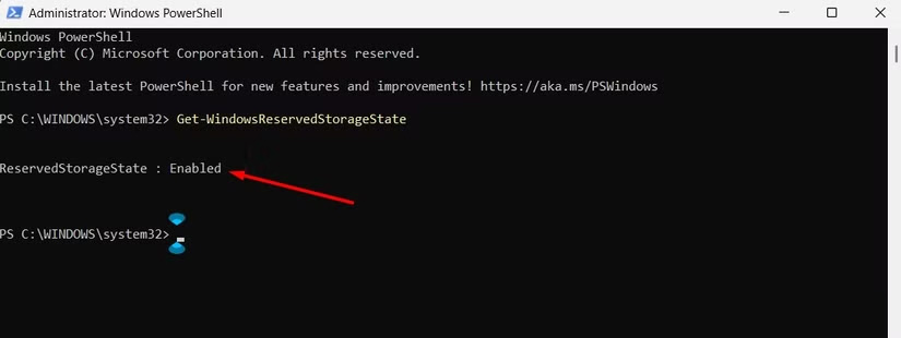 Nhập lệnh kiểm tra Reserved Storage