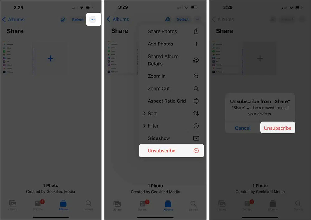 Rời album chia sẻ iPhone