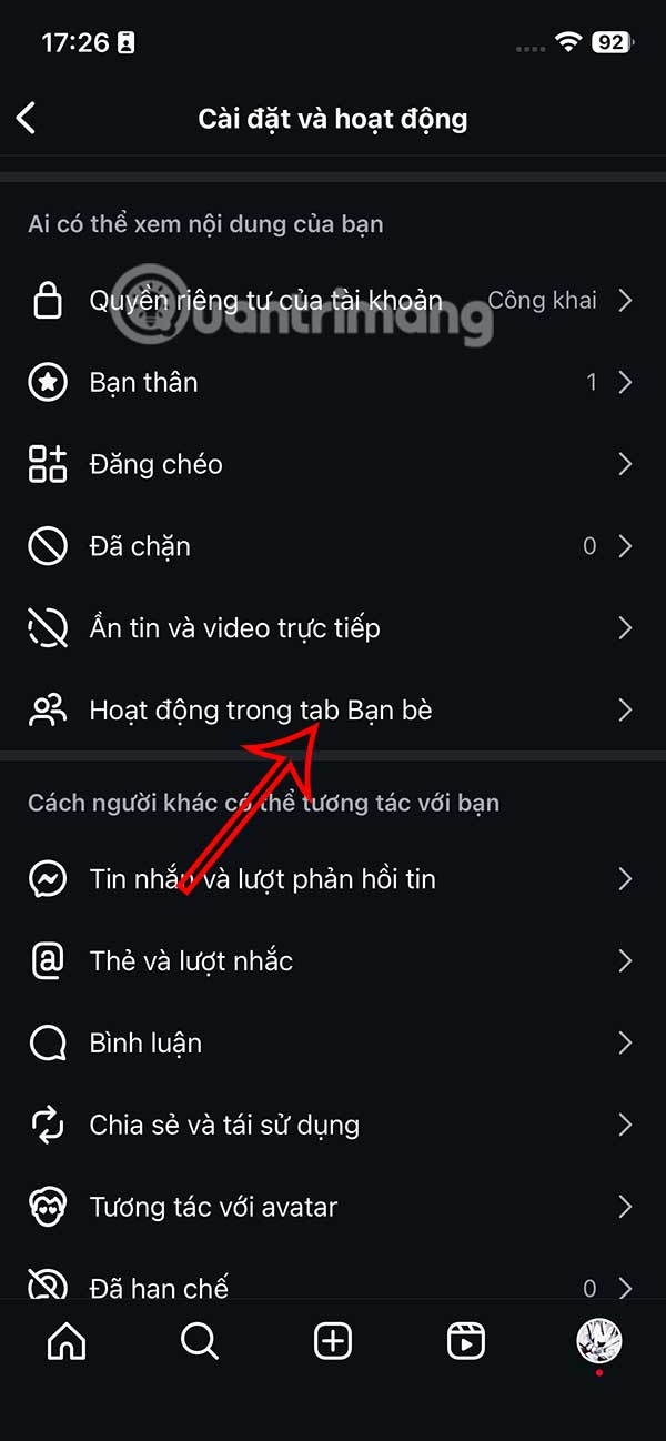 Hoạt động trong tab Bạn bè