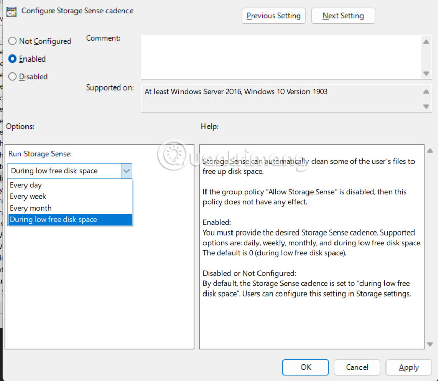 Chỉnh thời gian chạy Storge Sense tự động