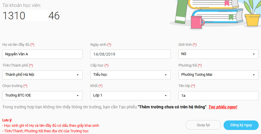 Thông tin học sinh IOE
