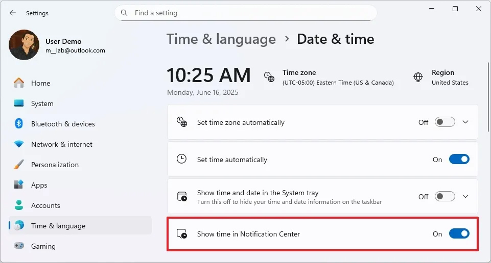 Hiện thời gian trong Notification Center Windows 11