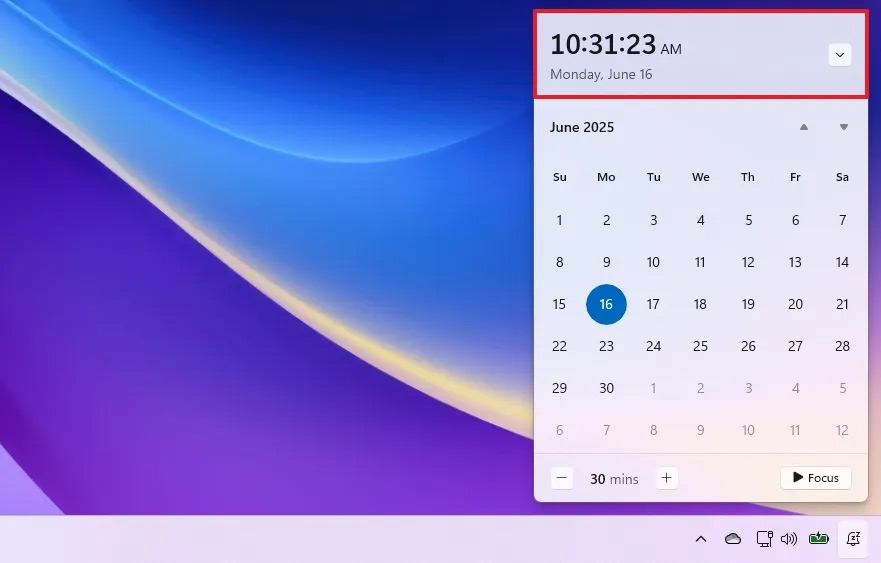 Thời gian trong Notification Center Windows 11