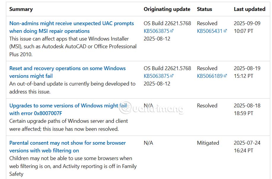 Theo dõi thông tin mỗi bản update Windows