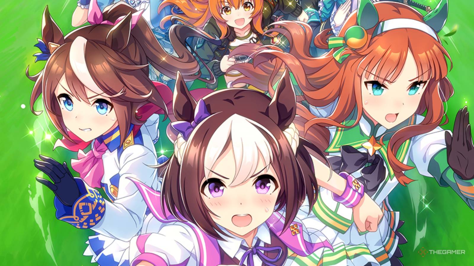 Several trainees in Umamusume: Pretty Derby racing from hte start screen.