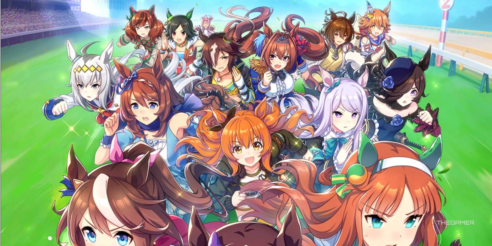 Several racers from the title screen in Umamusume: Pretty Derby running together.