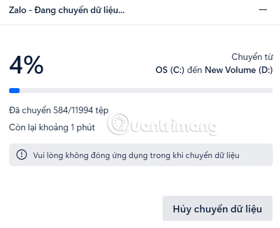 Quá trình chuyển dữ liệu Zalo sang ổ D