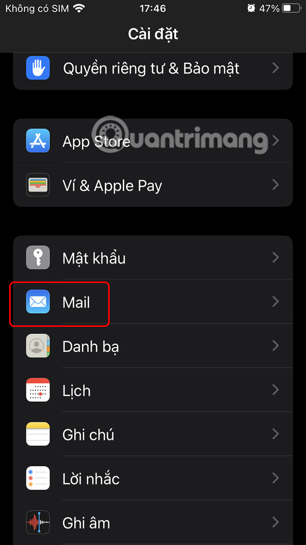 Chỉnh ứng dụng Mail