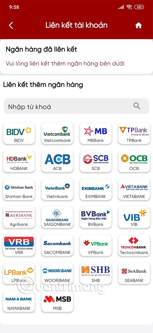 Chọn ngân hàng liên kết eTax Mobile