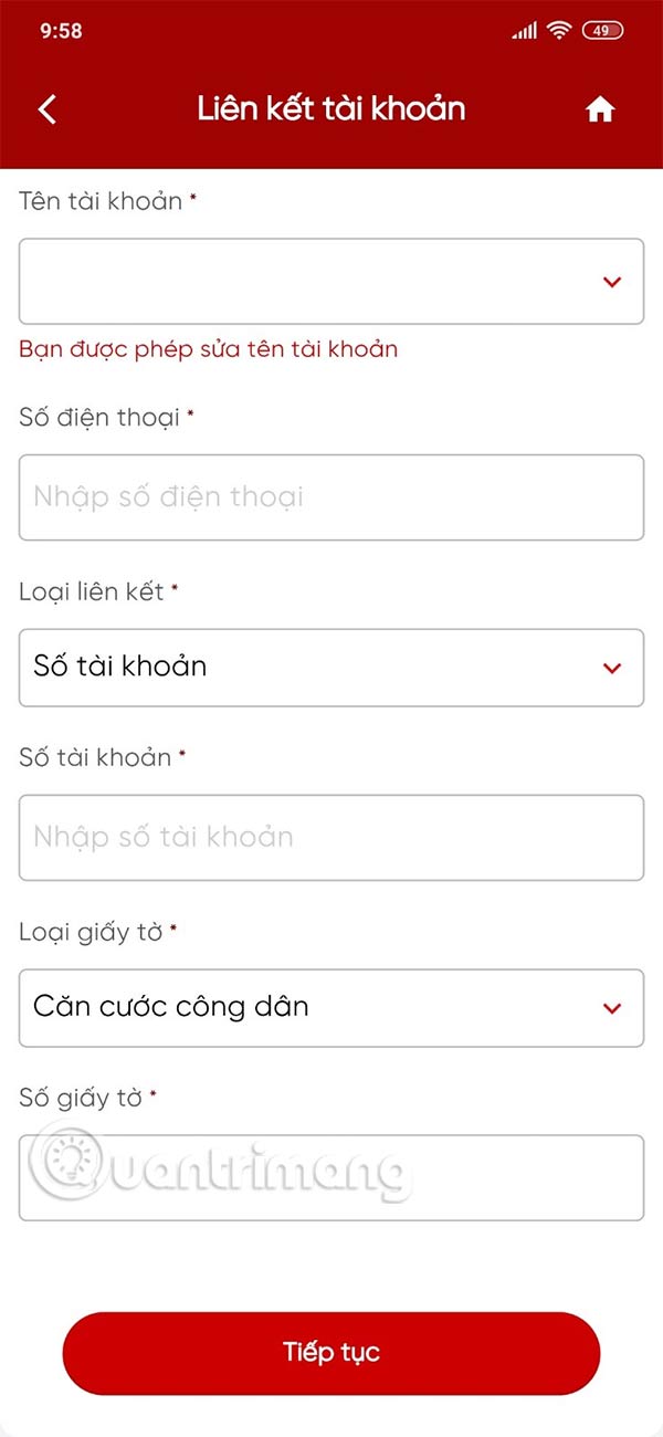 Tài khoản ngân hàng liên kết eTax Mobile