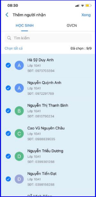 Chọn học sinh gửi tin nhắn eNetViet