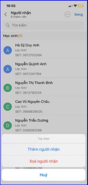 Xóa học sinh gửi tin nhắn eNetViet
