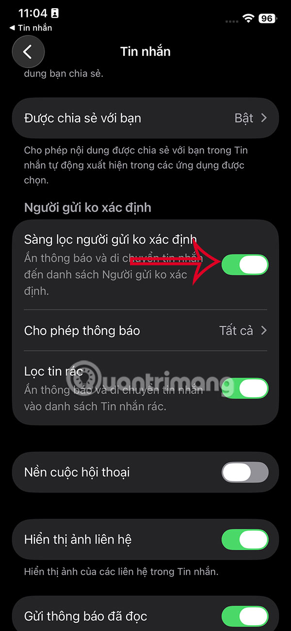 Sáng lọc người gửi tin nhắn không xác định