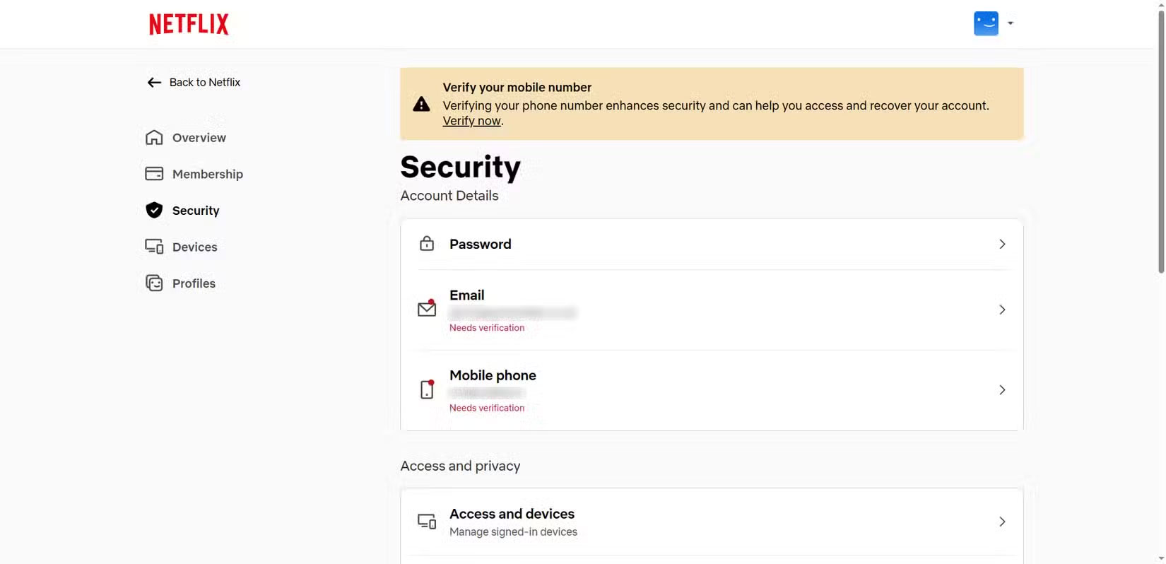 Trang bảo mật tài khoản Netflix.