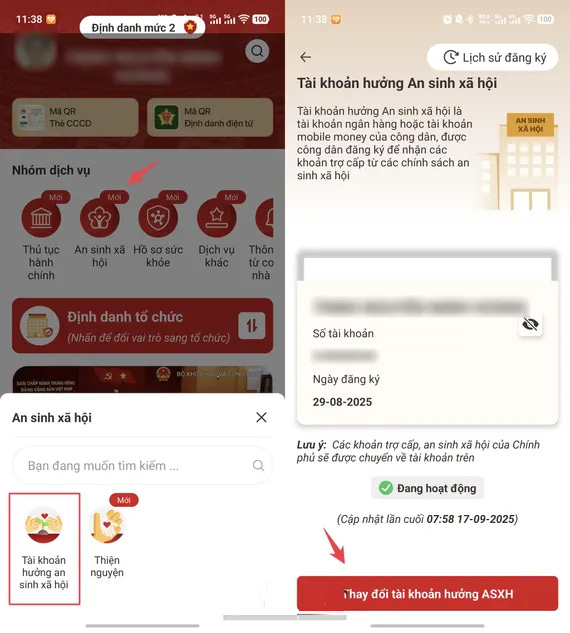 Thay đổi tài khoản an sinh xã hội VNeID