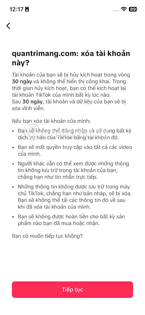 Xác minh xóa tài khoản TikTok