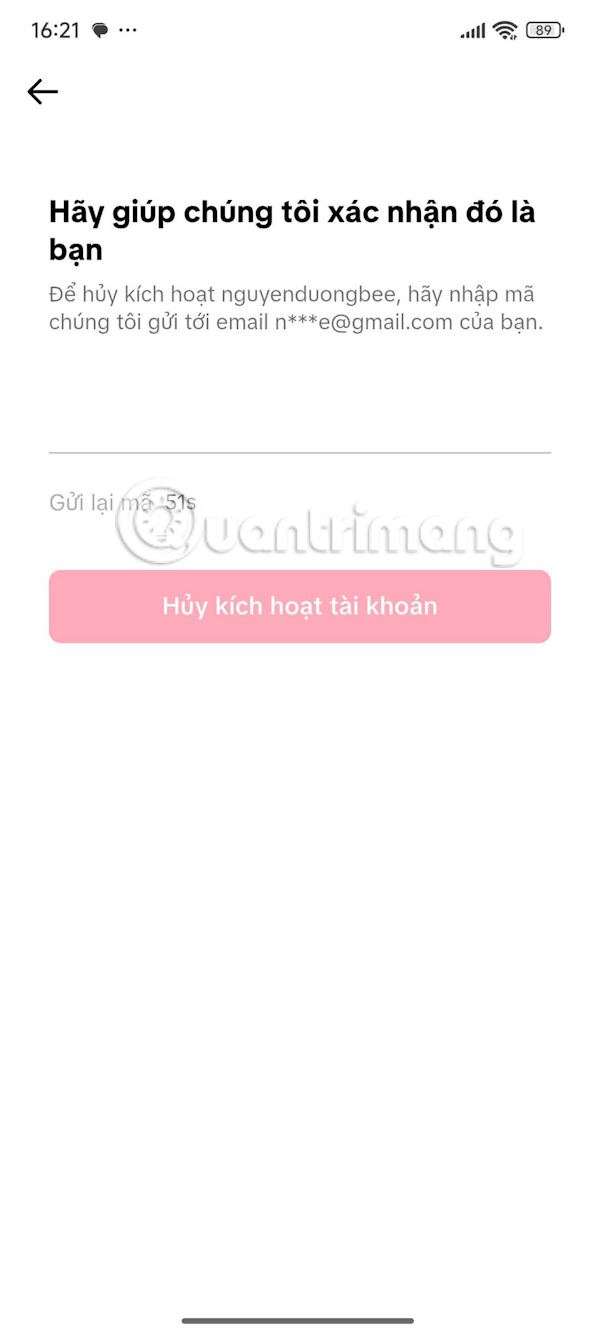 Mã xác minh hủy kích hoạt tài khoản TikTok