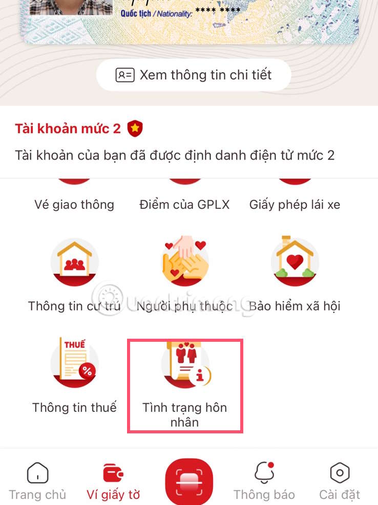 Truy cập Ví giấy tờ VneID