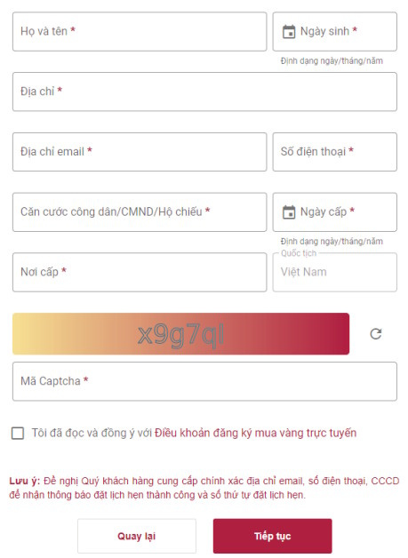 Nhập thông tin mua vàng SJC