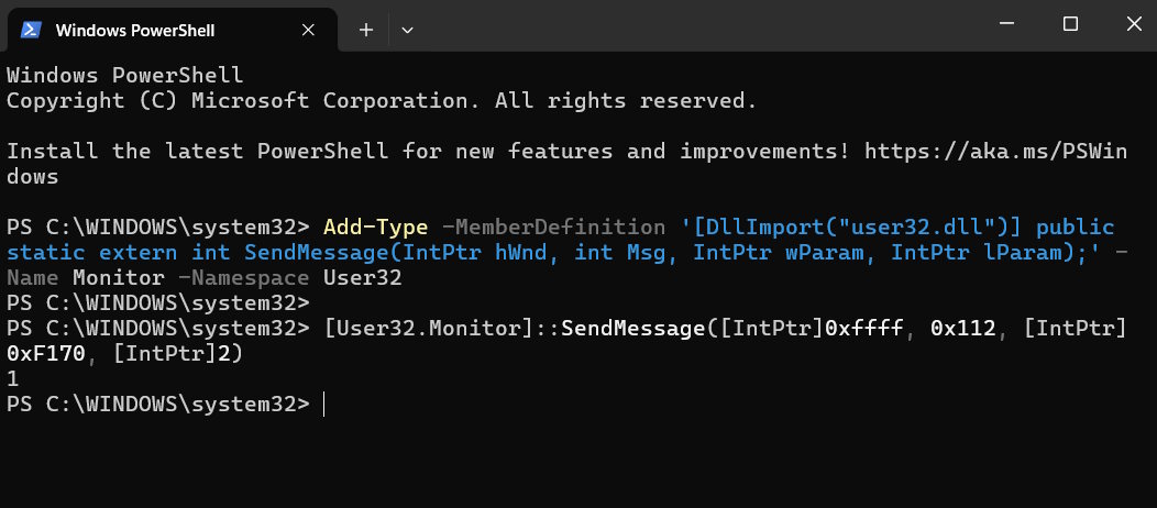 Nhập lệnh tắt màn hình