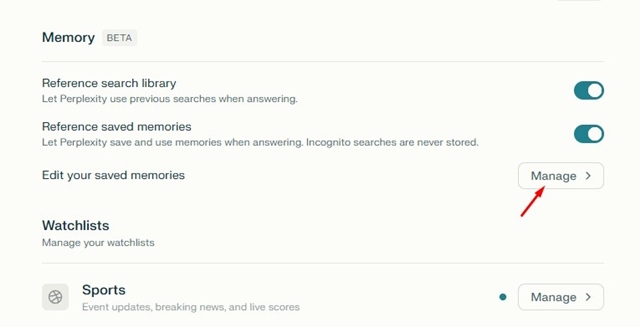Truy cập bộ nhớ trên Perplexity AI