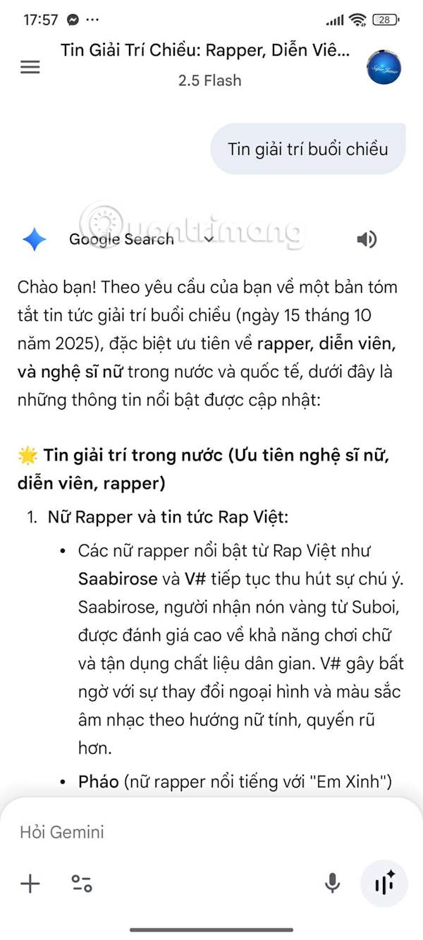 Yêu cầu đưa tin tức Gemini