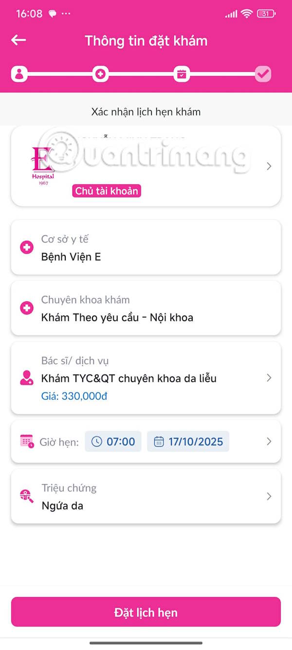 Đặt lịch hẹn trên app Bệnh viện E
