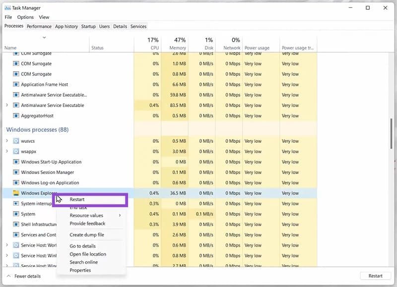 Khởi động lại Windows Explorer