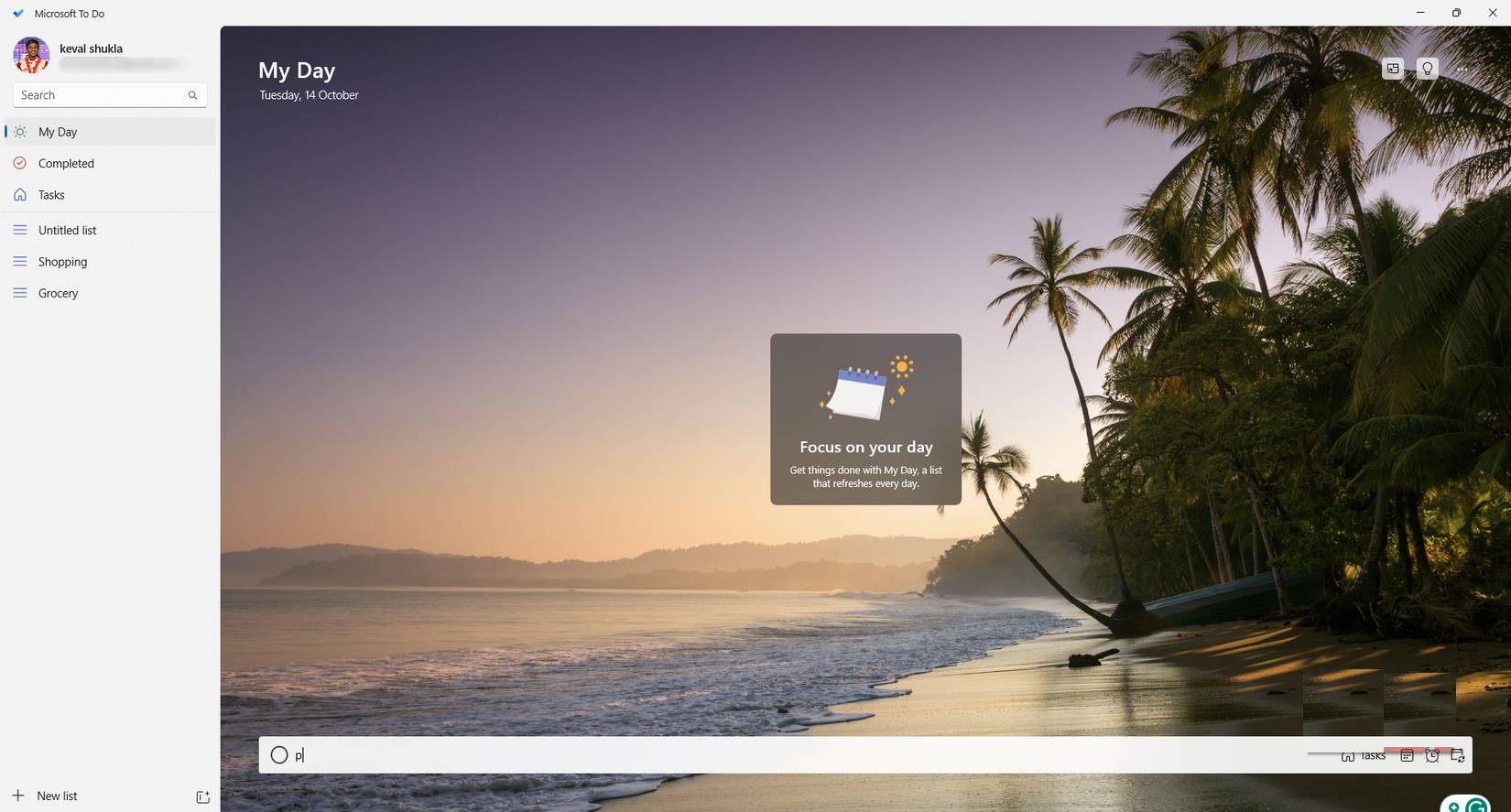 Trang Home trong Microsoft To Do