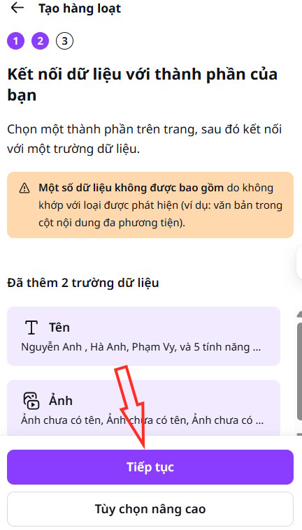 Chọn trường dữ liệu tạo thiệp Canva