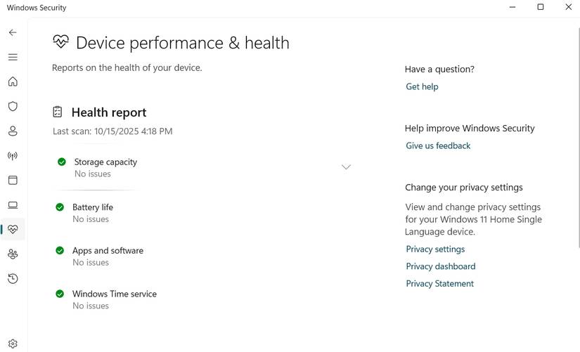 Tab Windows Security health trên PC