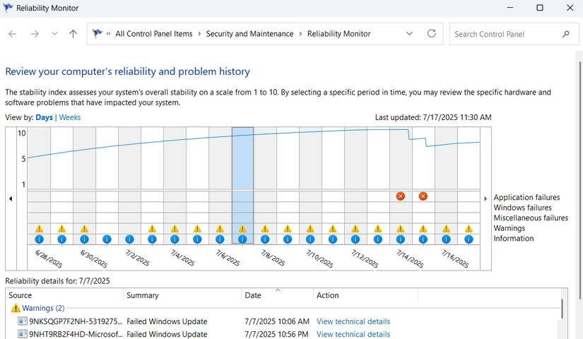 Cửa sổ Reliability Monitor trong Windows 11