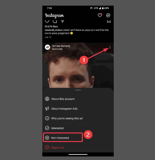 Không quan tâm bài đăng trên Instagram