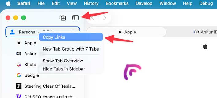 Copy URL các tab đang mở Safari Mac