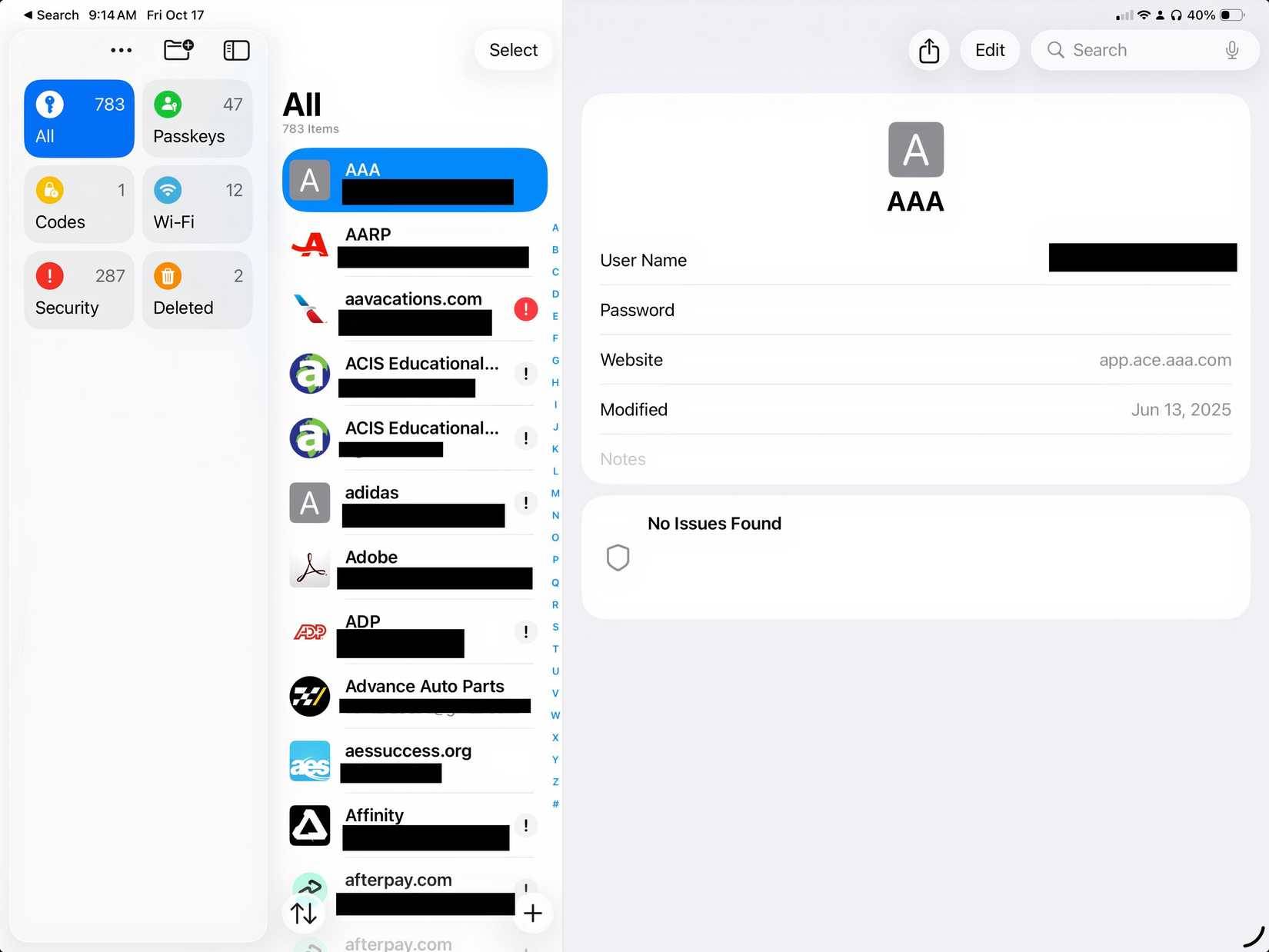 Ứng dụng Passwords trên iPad