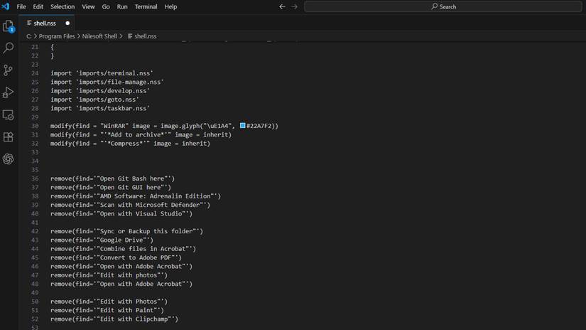 Nilesoft Shell - Trình mở rộng menu ngữ cảnh Windows - Cấu hình mở rộng trong VS Code