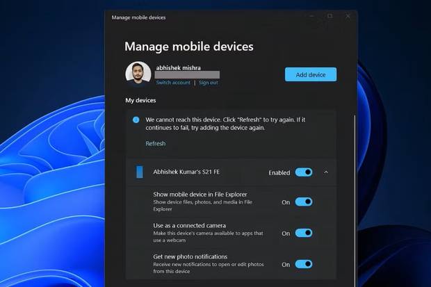 Quản lý menu thiết bị di động trong cài đặt Windows 11