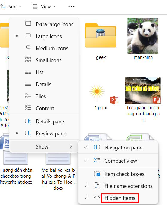 Hiển thị items ẩn trên Windows