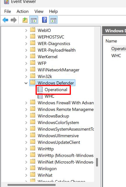 Tệp Operational Windows Defender