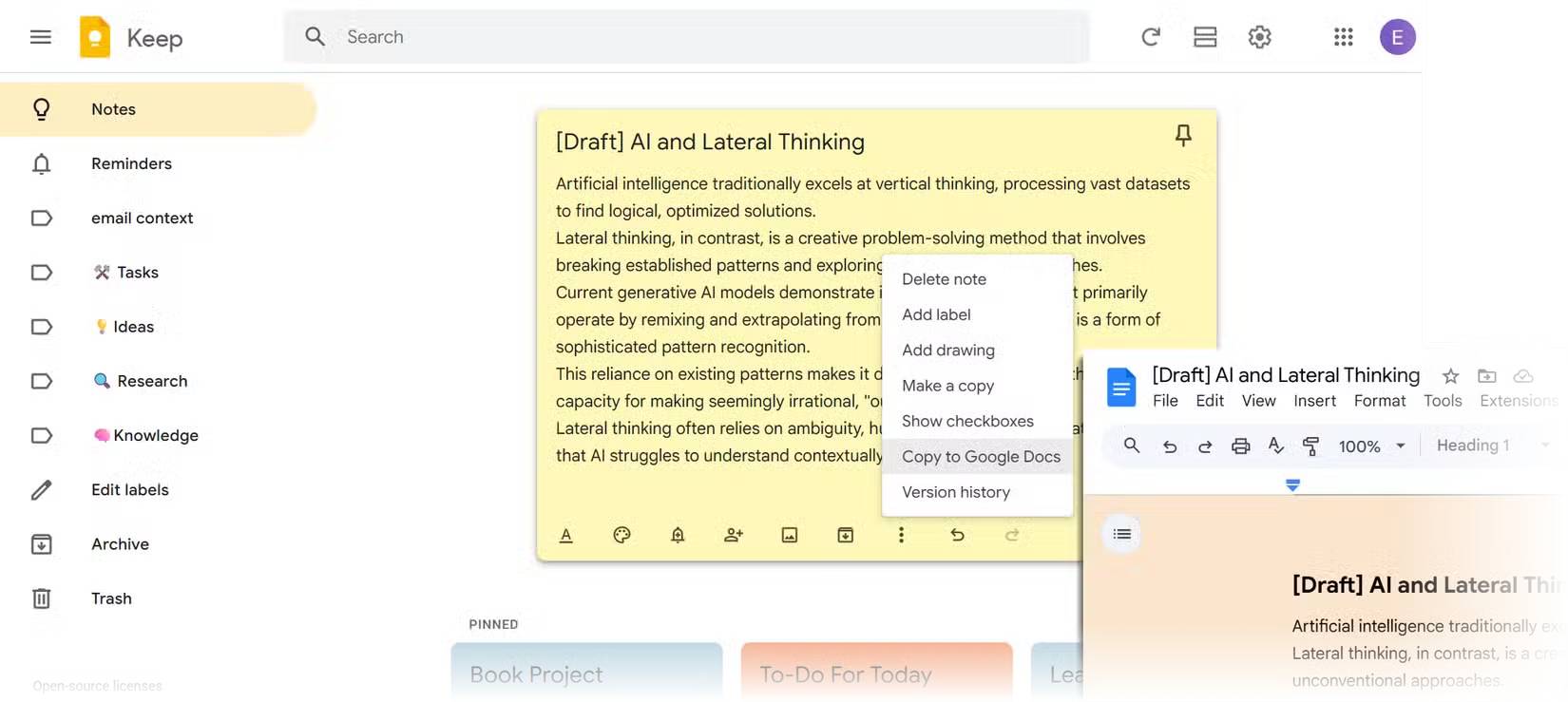 Google Keep sao chép ghi chú dài vào Google Docs.