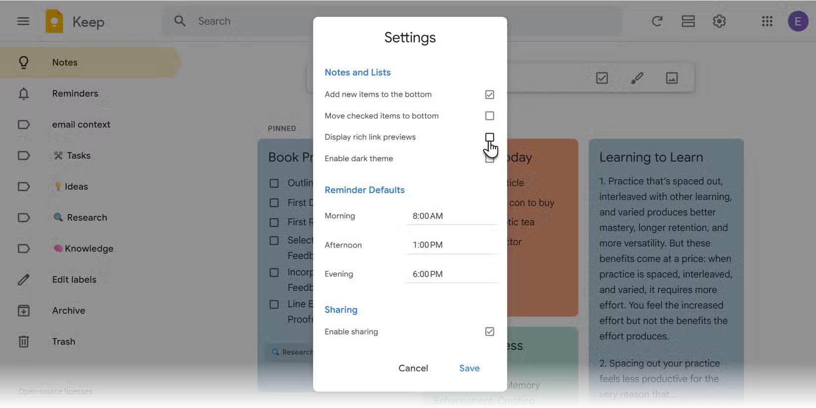 Google Keep tắt tính năng xem trước rich link