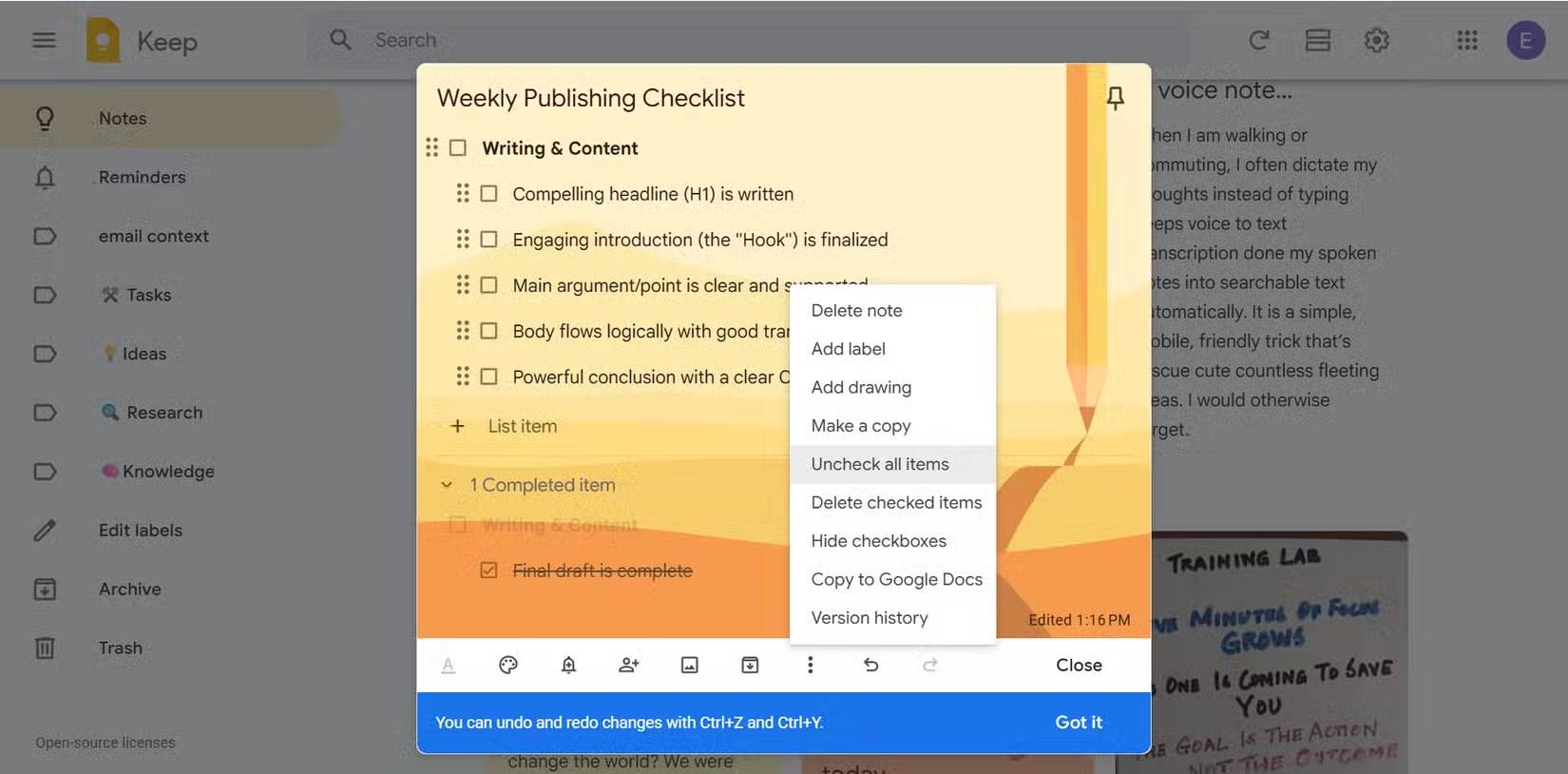Google Keep và danh sách lồng nhau