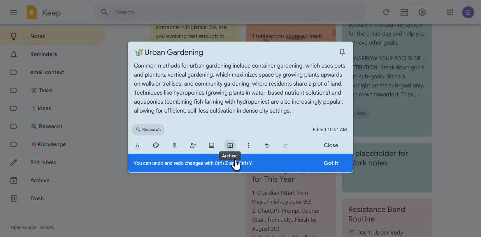 Danh sách lưu trữ của Google Keep.