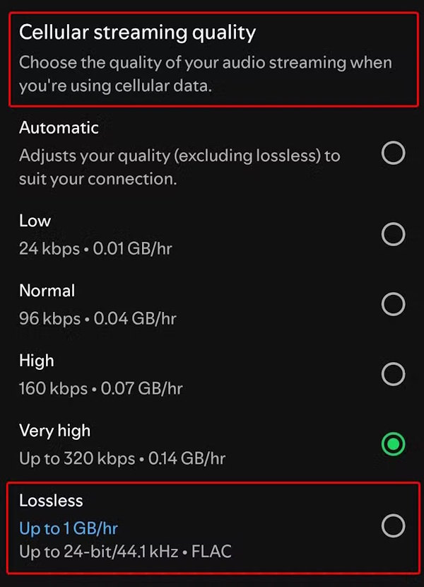 Cellular streaming quality Spotify