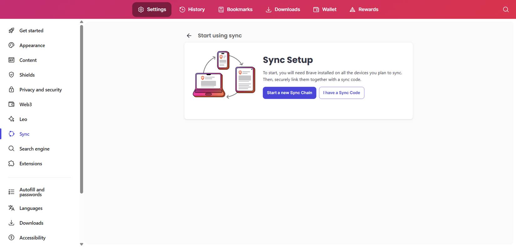 Bắt đầu một chuỗi đồng bộ mới trong Brave