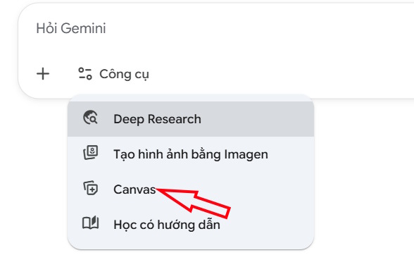 Chọn công cụ Gemini Canvas