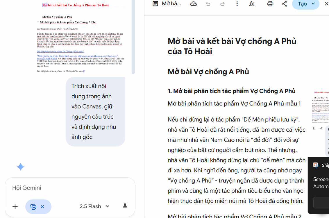 Văn bản trích xuất từ ảnh bằng Gemini Canvas