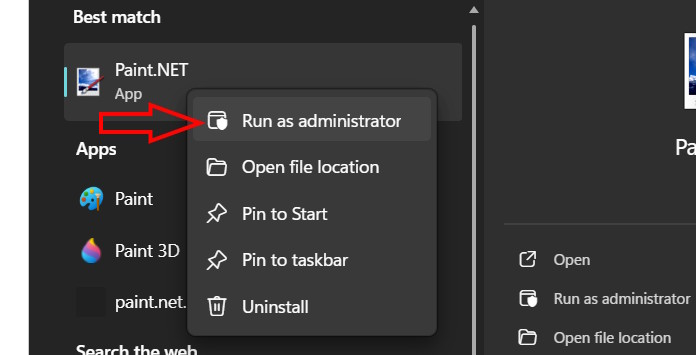 Chạy ứng dụng bằng Admin qua tìm kiếm
